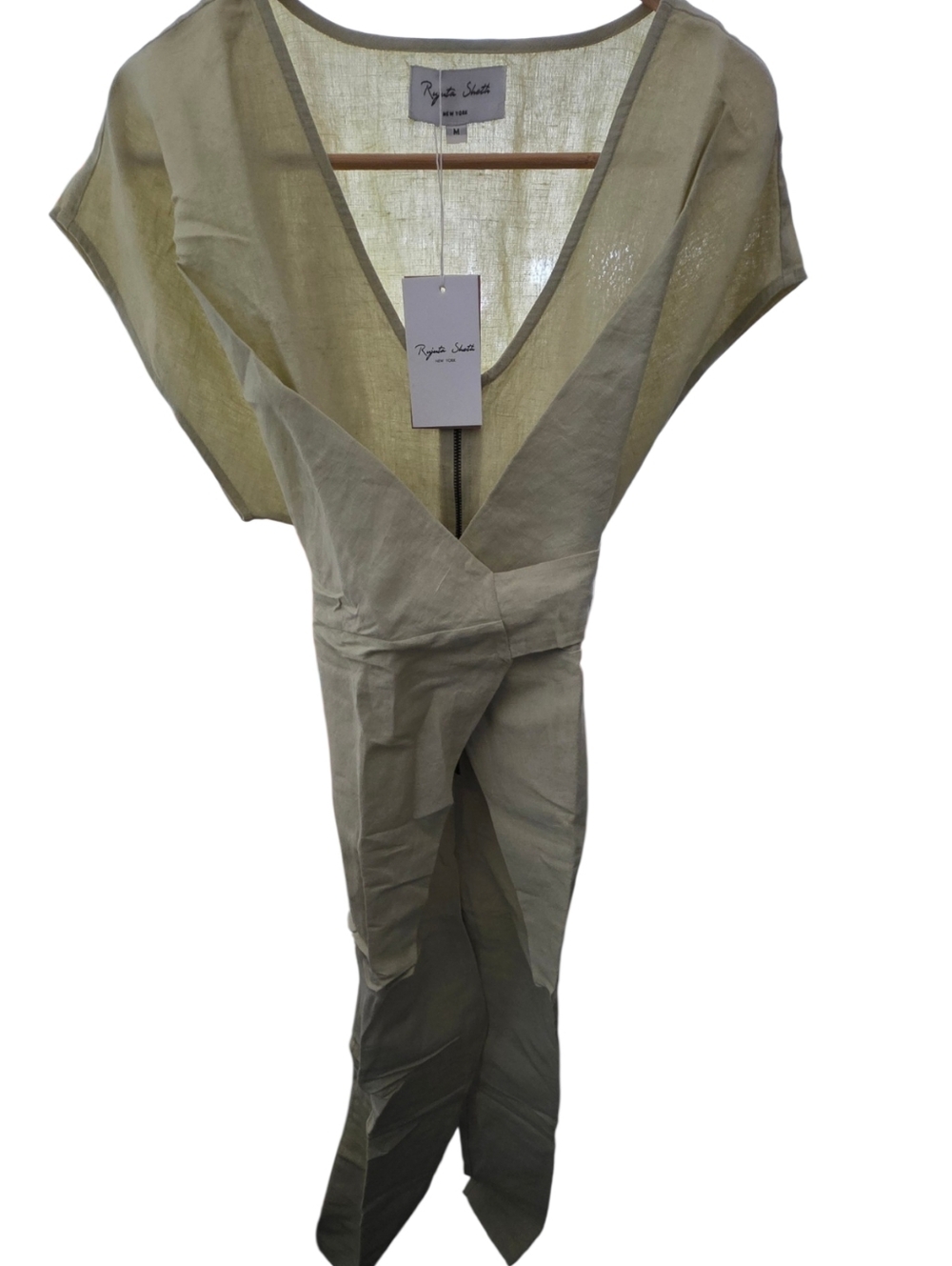 NWT Rujuta Sheth NYC Linen Cotton Surplice Jumpsuit Matcha Medium - Picture 4 of 8